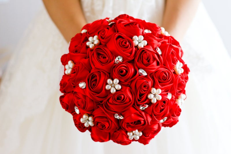 IFFO Ivory, Blue, Coral, T Blueï¼ŒRed Rose Flower Bridal Brooch Bouquet Wedding Bride 's Jewelry Crystal Pearl Rhinestone Cloth Fabric Bouquets (red) - Image 1